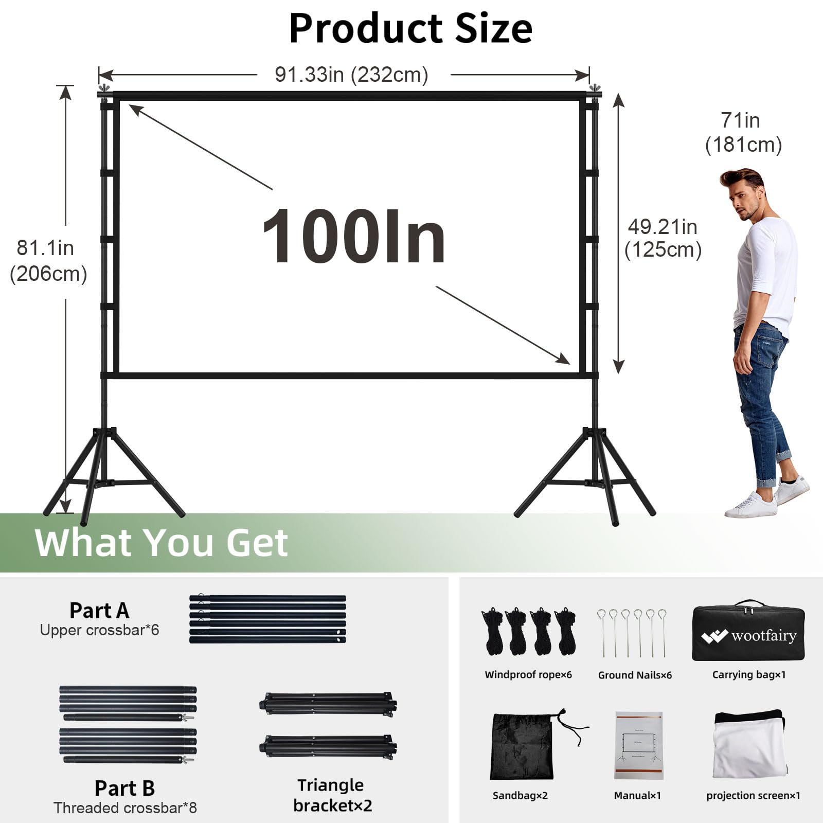 Wootfairy 100" tragbare Faltbare Projektionsleinwand mit Stativ, 16:9 4K HD, vorne/hinten projizierbar, knitterfrei, inkl. Tragetasche – Heimkino & Outdoor