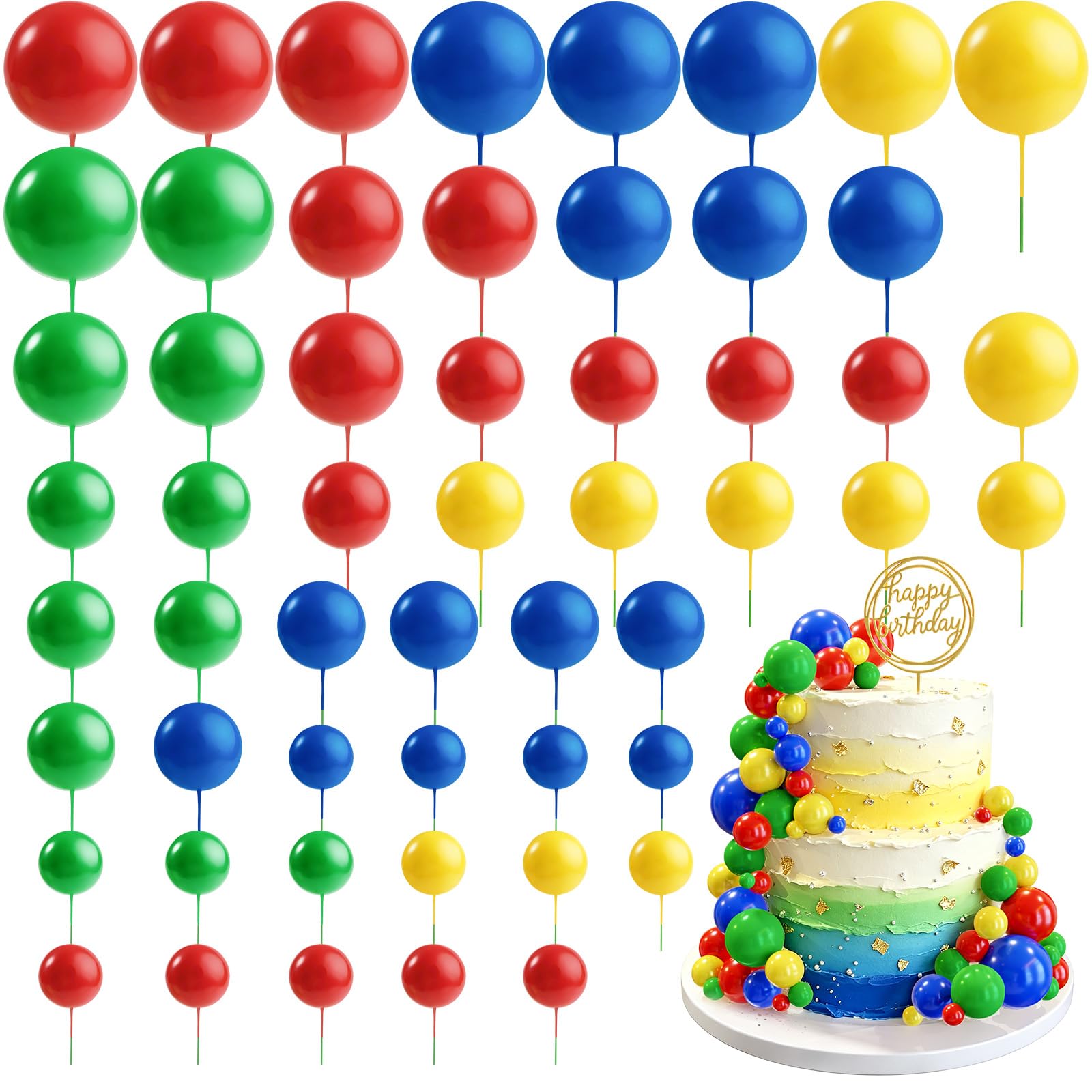 CHRORINE 55 Pcs Balls Cake Topper Decorations Mini Balloon Cupcake Toppers Foam Balls for Cake Decorating Birthday Parties Weddings Anniversary Baby Shower (Red Yellow Blue Green) — image 1