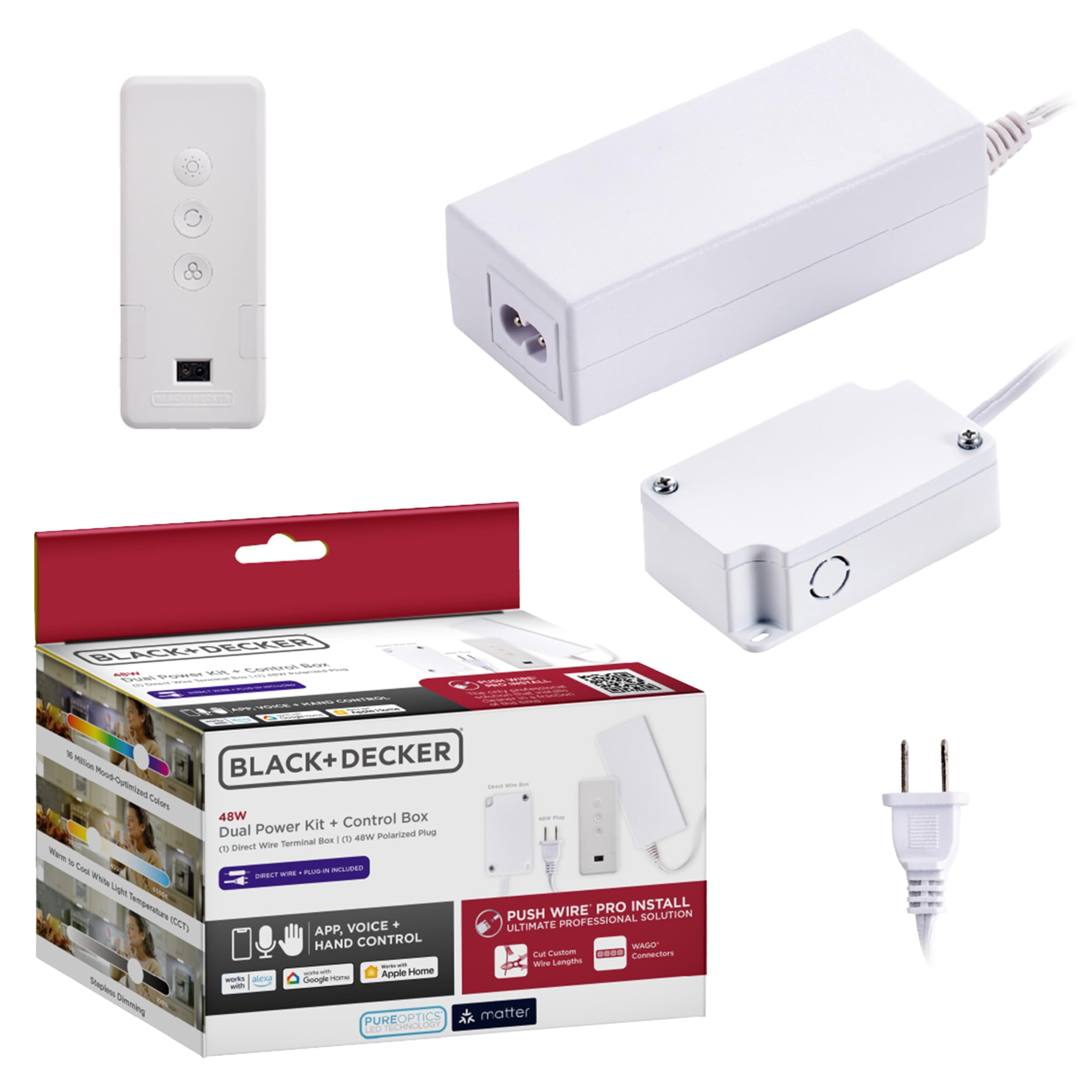 BLACK+DECKER PureOptics Professional PUSH WIRE Matter Certified Smart Under Cabinet Lighting 2-in-1 Power Kit, 48W Plug-in and Direct Wire, Smart Control Box, Works with Alexa, Apple Home, Google Home