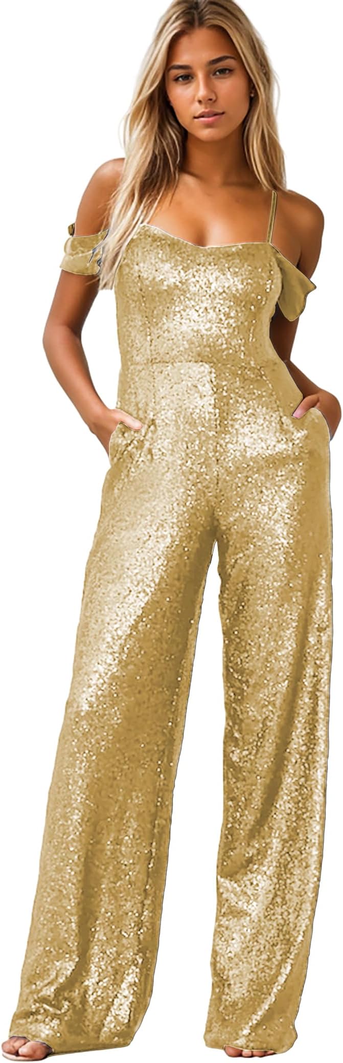 One Piece Jumpsuits for Women Off The Shoulder Wide Leg Long Pants Sparkly Sequin Formal Romper with Pockets