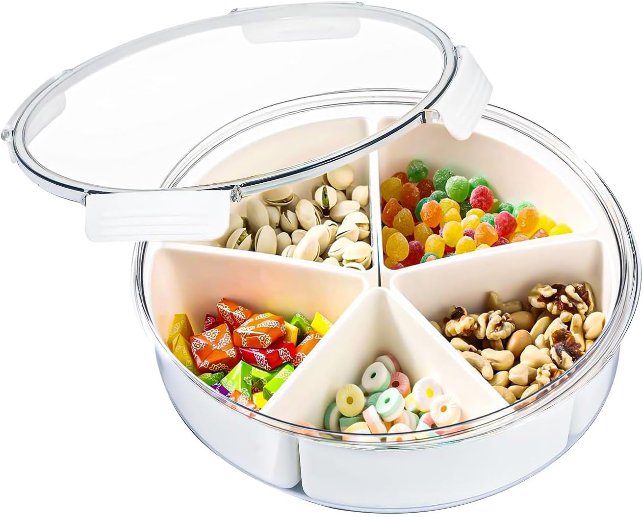 Divided Serving Tray with Lid, Round Divided Serving Tray with 5 Compartments, Removable Divided