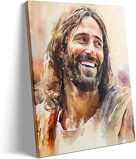 Jesus Canvas Wall Art Decor - 8X10 inch Smiling Jesus Christ Watercolor Painting for Religious Home Decoration, Inspirational Christian Artwork for Living Room, Office or Church Wall Decor