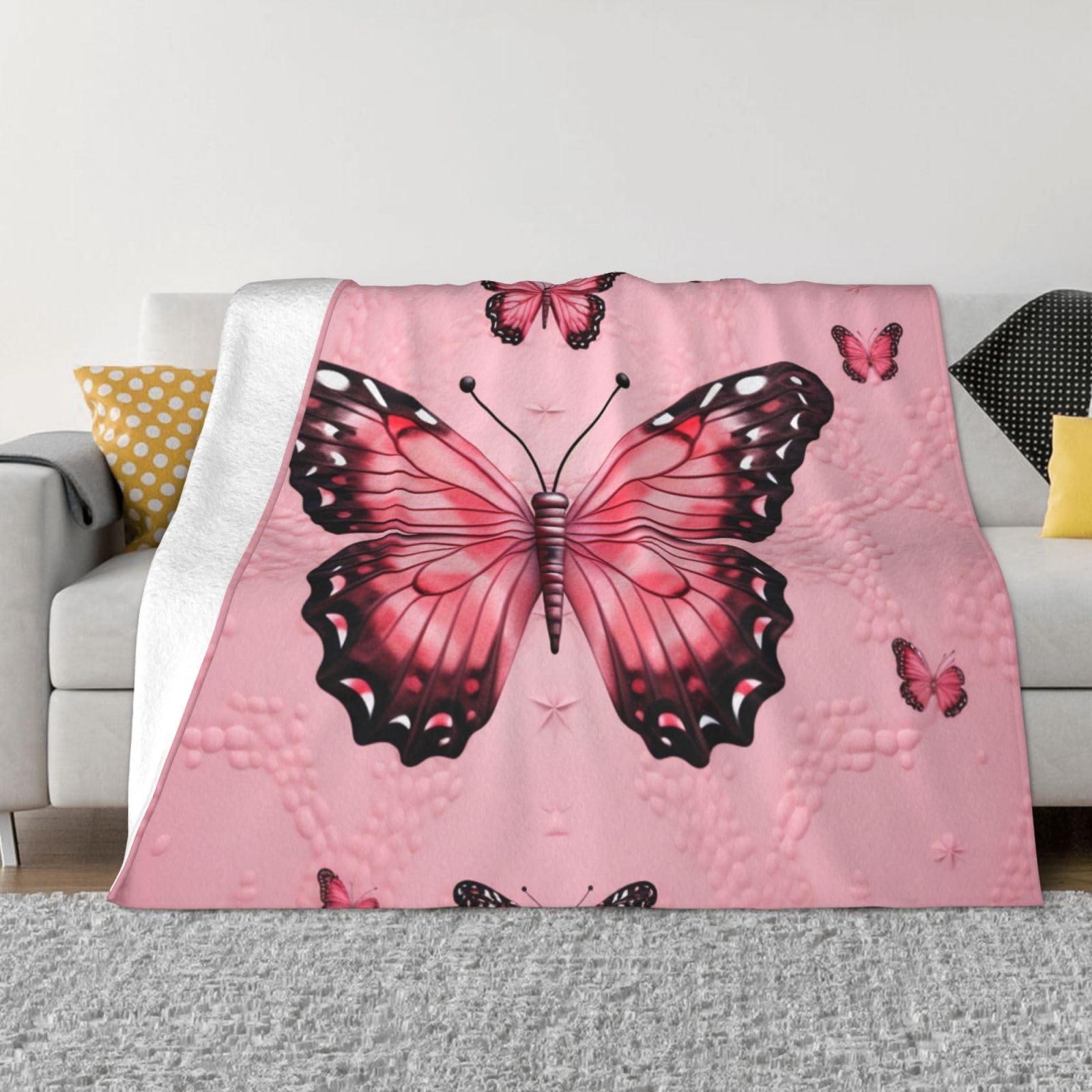 Couverture micro polaire rose papillon, plaid chaud de salon