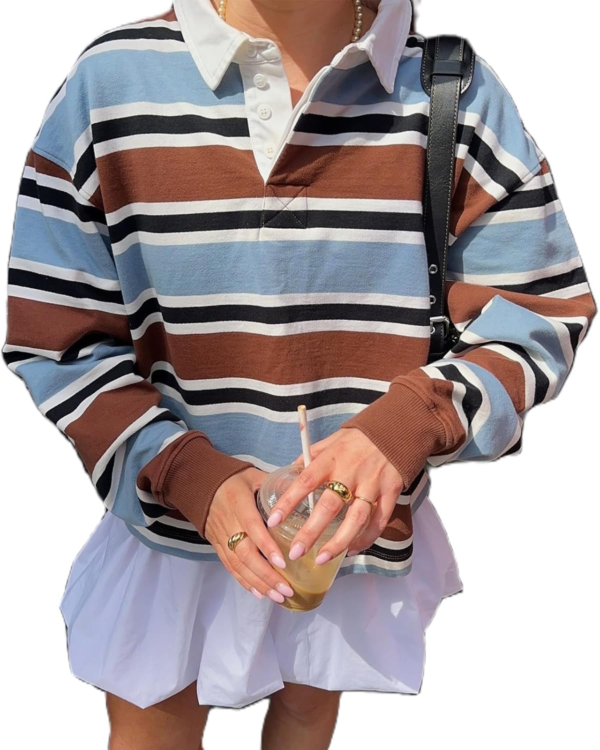 Women Long Sleeve Striped Polo Shirts Loose Fit Button Up Rugby Polo Shirts Vintage Preppy Aesthetic Sweatshirt