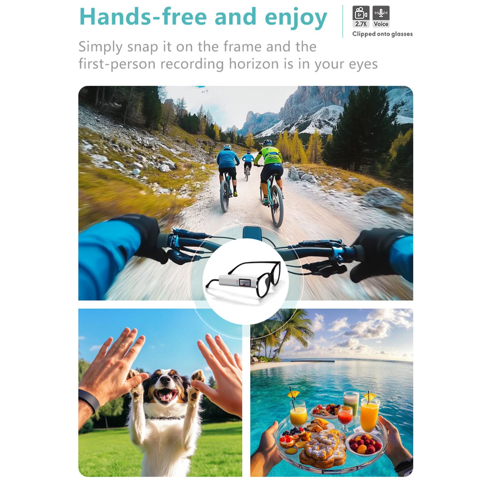 Tosuny Brille Sportkamera, 2,7K HD 110° Weitwinkel-FPV-Kamera mit 2-Achsen-Stabilisierung, 2,4 cm Display, WiFi-App für Radfahren, Wandern, Reisen, Haustierspaziergänge, Weiß
