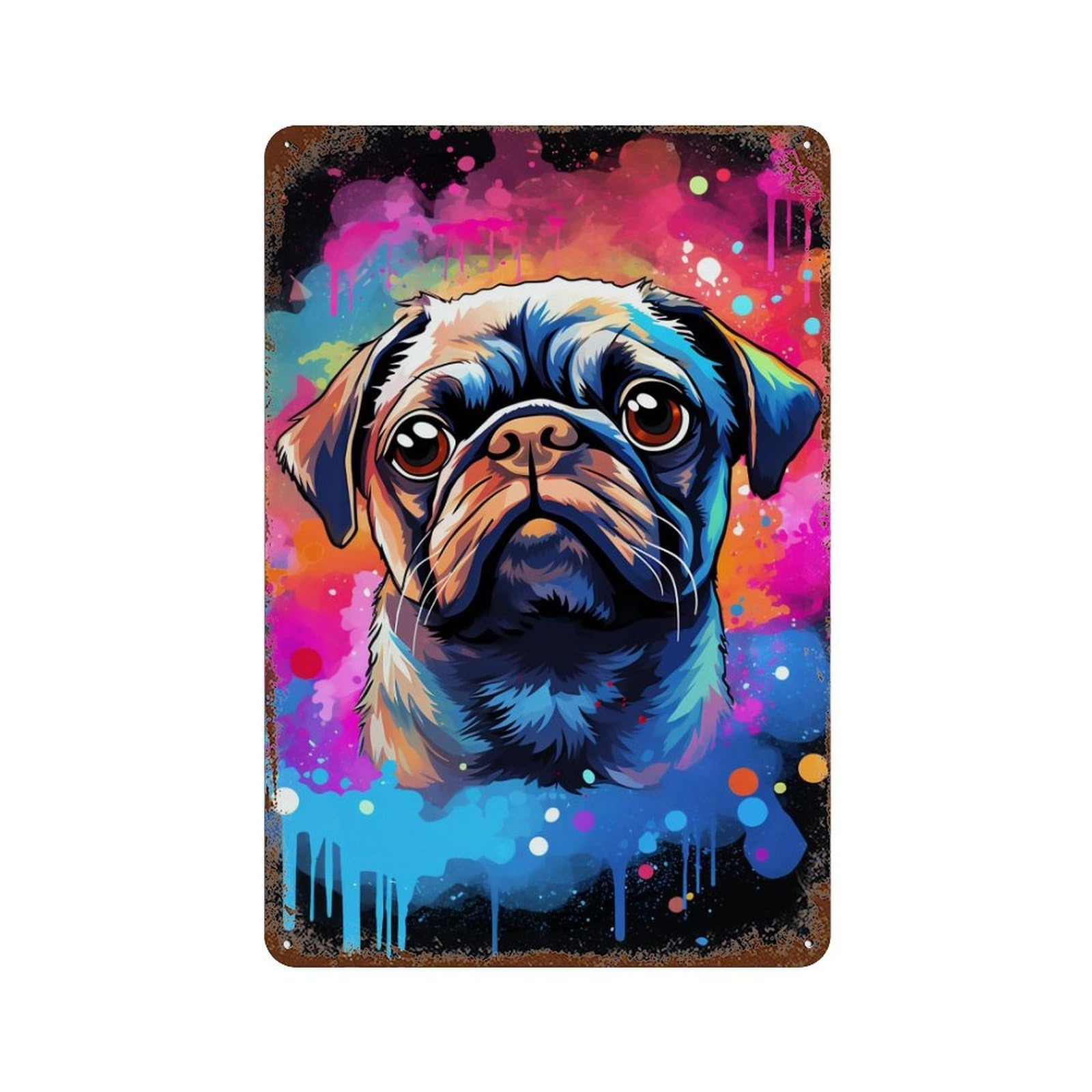 Colorful Pug Art Print-11 Distressed Metal Wall Sign 11.8"x7.9", for Garage, Bar And Workshop Decor, Decorative Metal Wall Art
