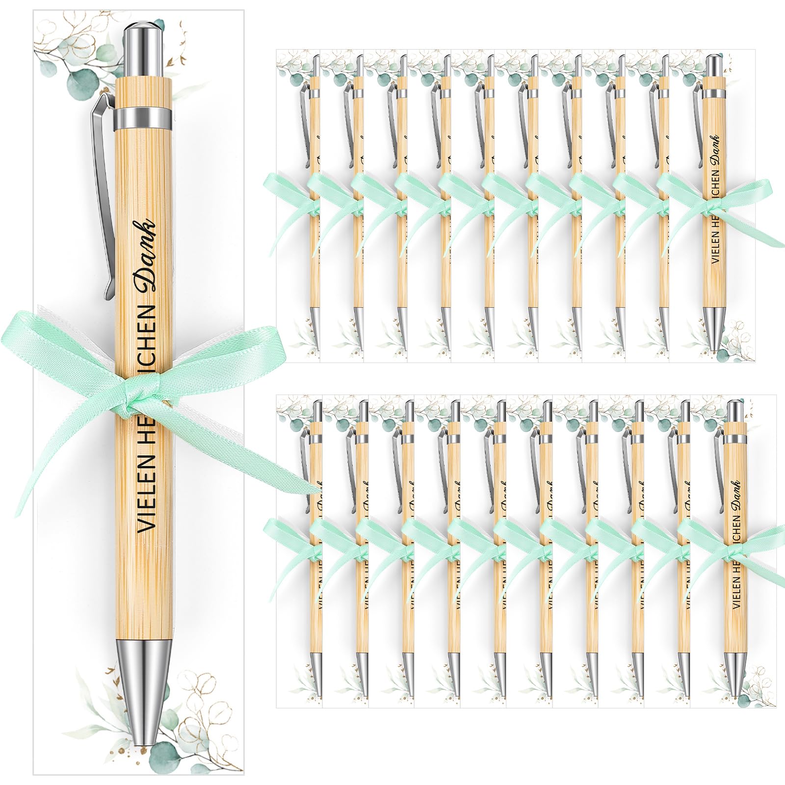 Tenare 20 Set Gift for Guest Wooden Retractable Pen with Text Letter Ribbon Thank You Gifts for Weddings, Communions, Christenings, Birthdays (Simple)