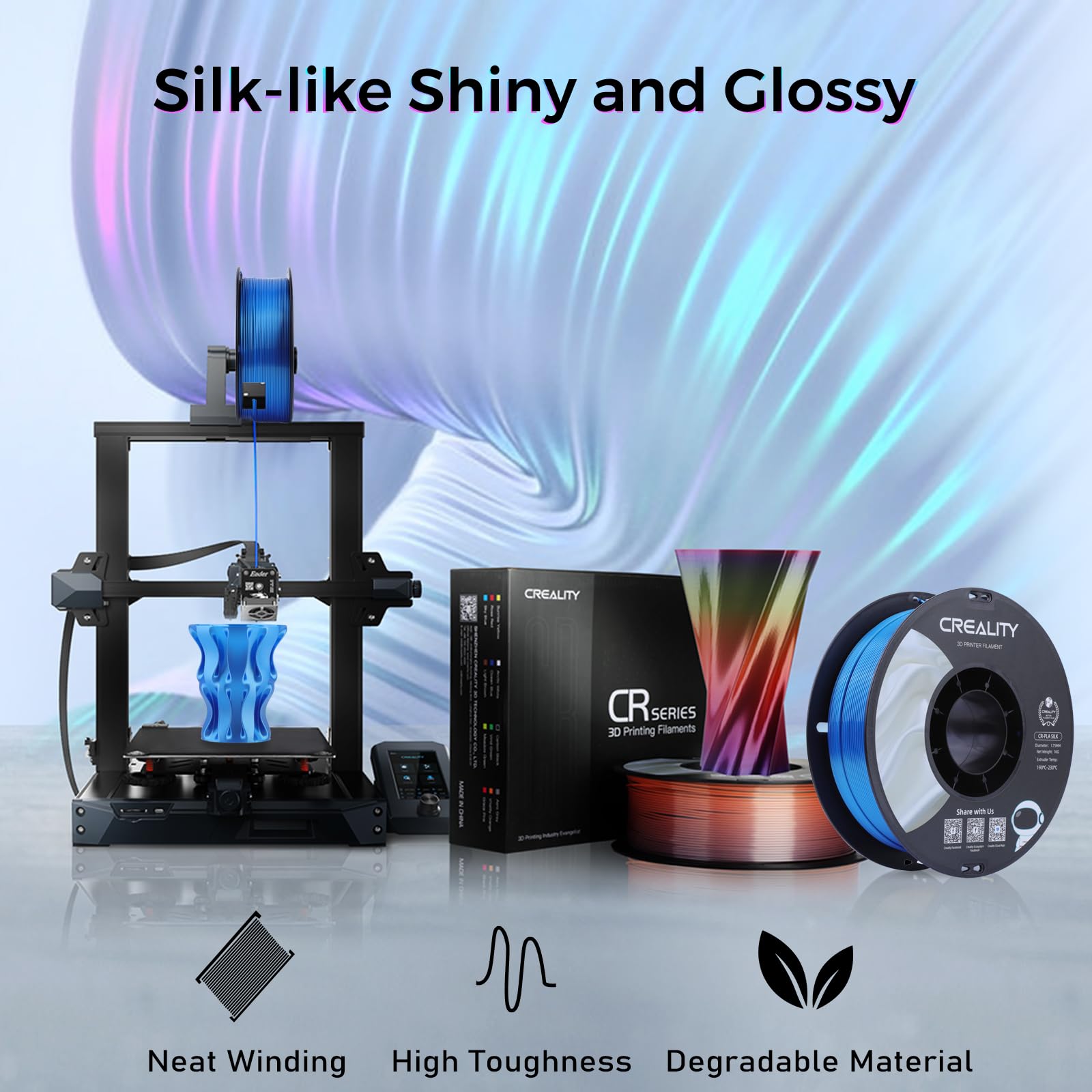 Creality PLA Filamento a Stampante 3D Printer Silk Shiny PLA Filament 1.75mm +/-0.02mm, 3D Printing Filament 1KG/2.2lb (CR-Silk-Blu)