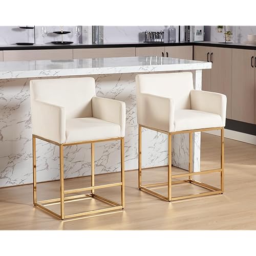 Modern Counter Height Bar Stools Set of 2, Velvet Fabric Upholstered Gold Bar Stools with Backs, 26 Inch Kitchen Island Stools with Gold Metal Frame,Cream