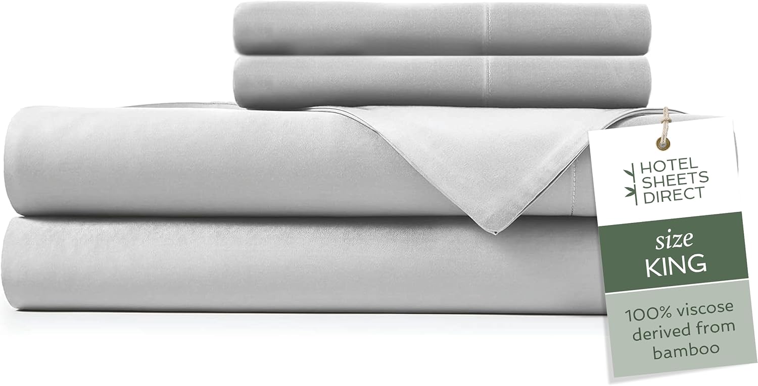 Hotel Sheets Direct 4 Piece Bed Sheet Set King Size, 100% Viscose Derived from Bamboo Sheets Set with 2 Pillowcases, Cooling & Breathable Luxury Bedding, Moisture-Wicking & Silky Soft Texture, Gray Grey King