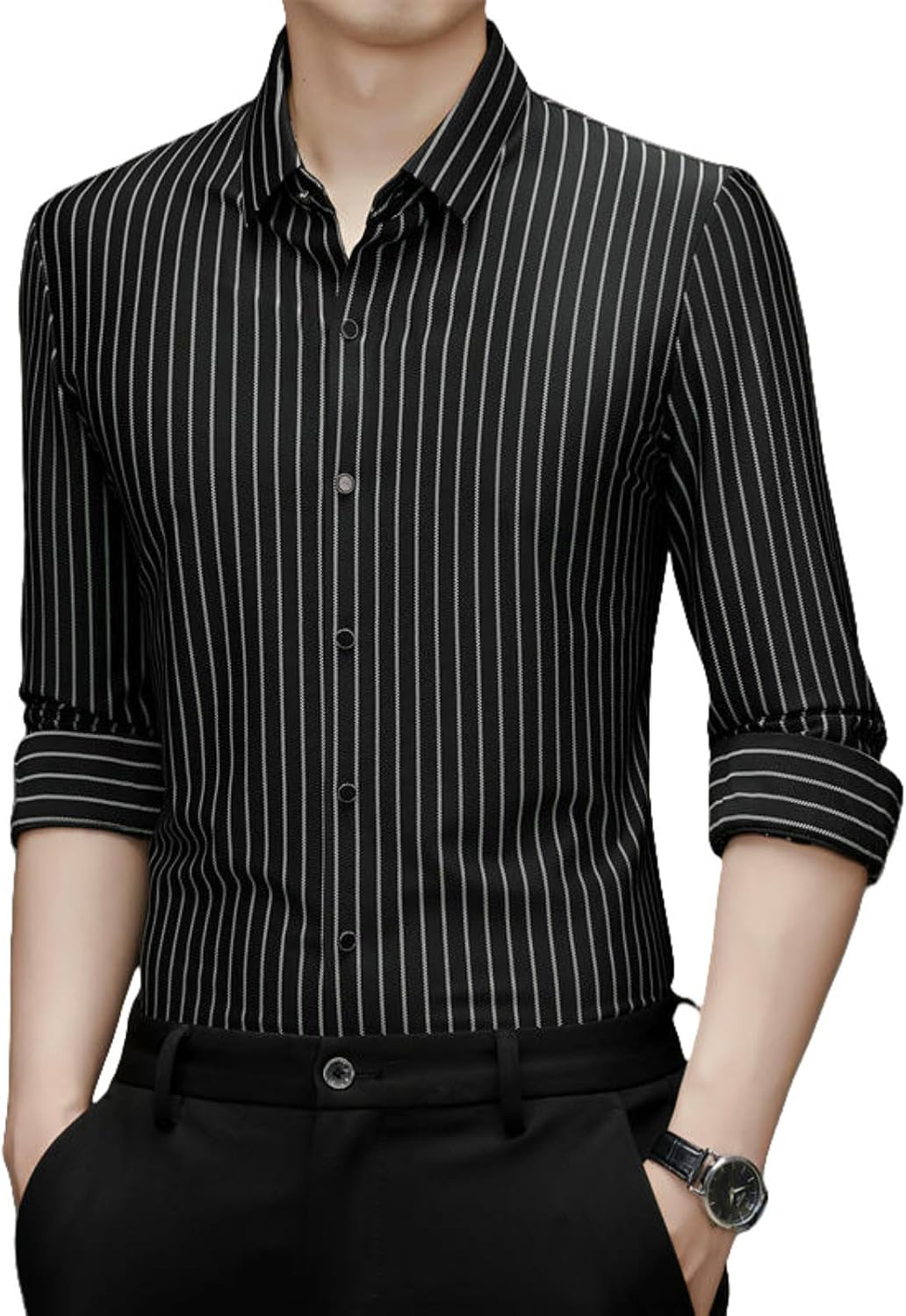 Men's Long Sleeve Seamless Spring Autumn Striped Lapel Shirt