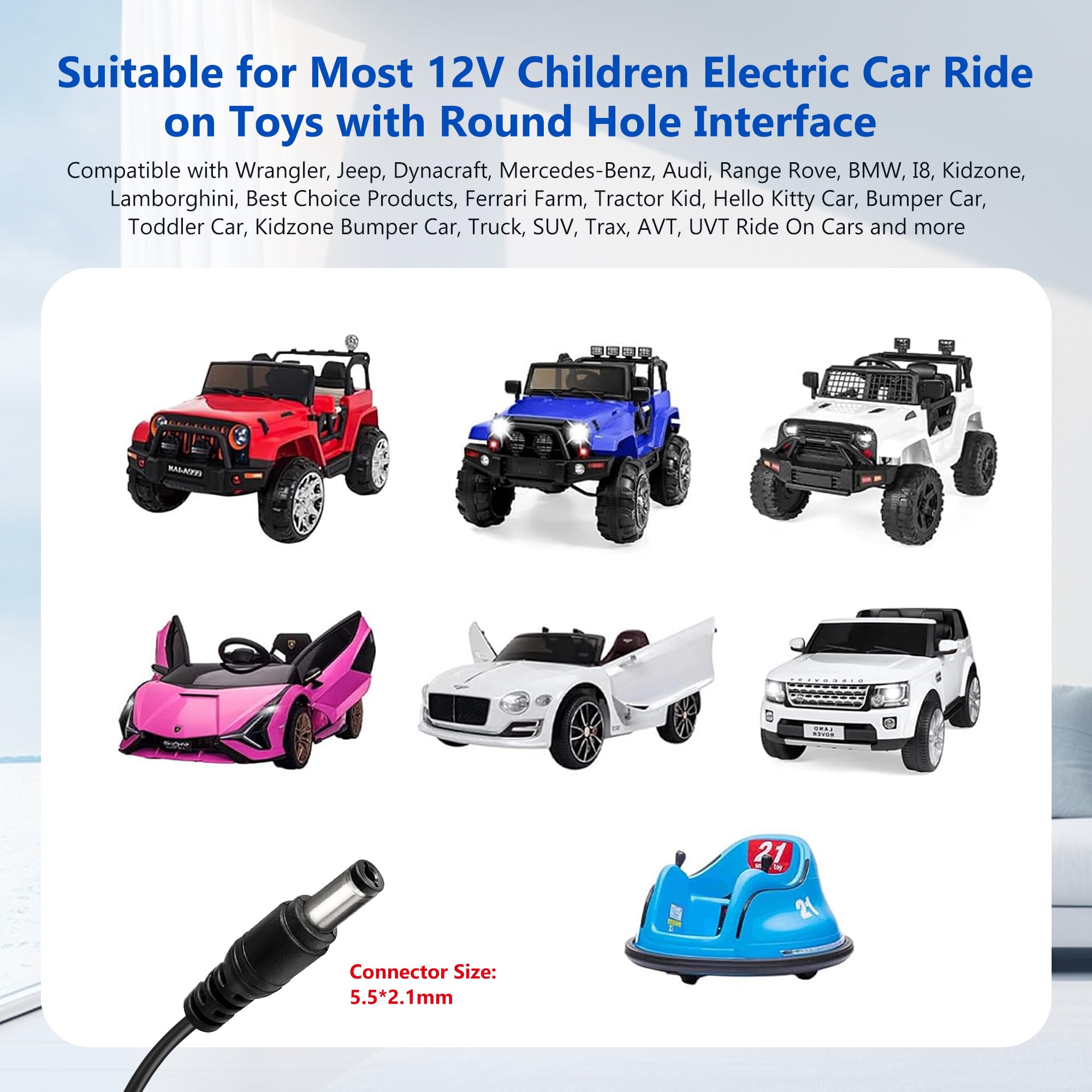 Universal 12V Battery Charger for Kids Ride On Toys, Electric Cars, Power Wheels, Motorcycles, ATVs