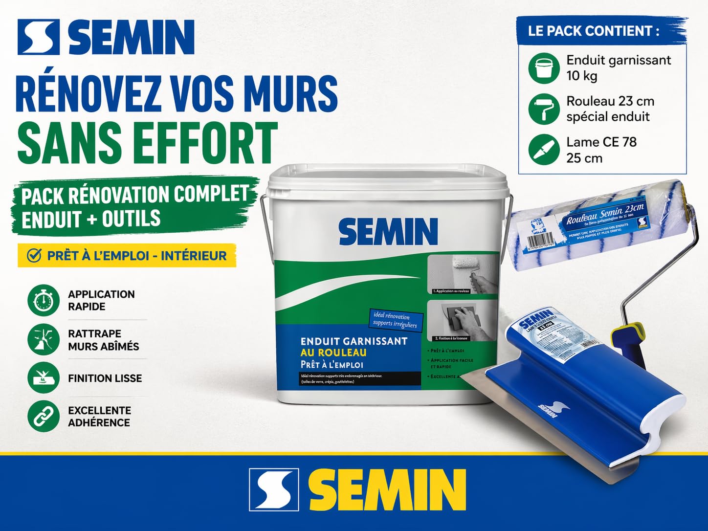 Semin A06288 Enduit Garnissant pour la Rénovation des Supports très Endommagés, Intérieur, Seau de 10 kg (Lot 2), A06723 Rouleau pour Enduire, 23 cm, A06318 Lame pour Lisser, 15 cm