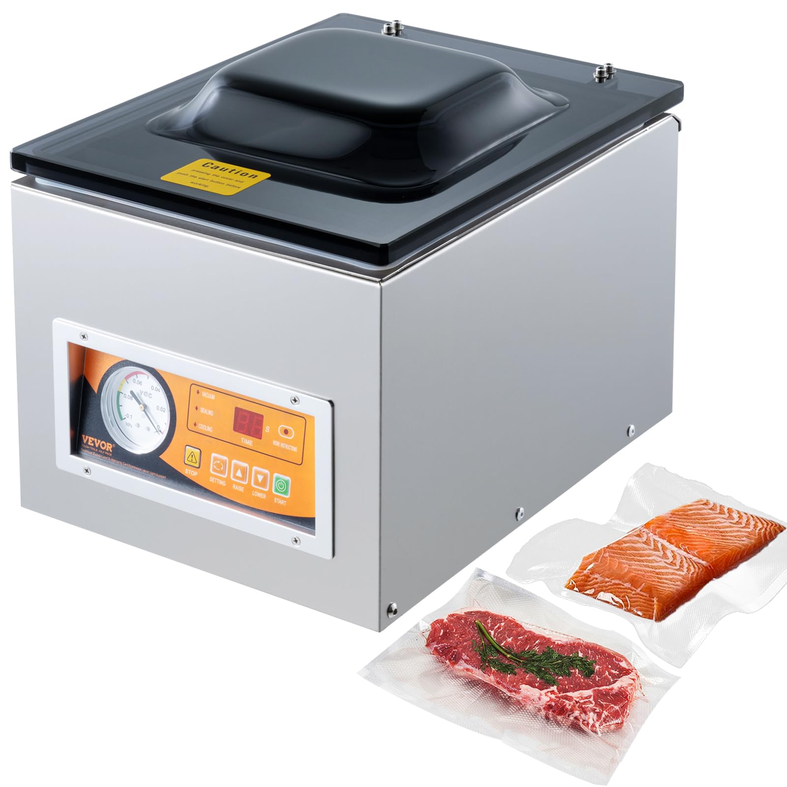VEVOR Sellador al Vacío de Cámara 260 W Máquina de Envasado al Vacío de Acero inoxidable Tamaño Compacto de 260 mm para Cocina del Hogar Para Uso Comercial Para Alimentos Húmedos, Carnes y Adobos