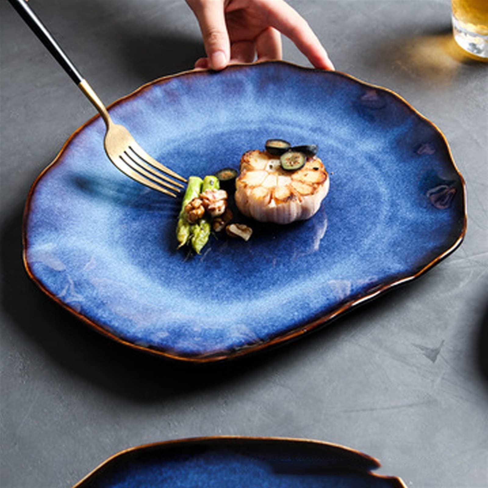 Platos Llanos Platos de cerámica Plato Plano Irregular Azul Profundo Plato de cerámica Decoración del hogar Vajilla Bandeja de vajilla Suministros de Cocina del Hotel 2 Piezas Platos postre(27cm)