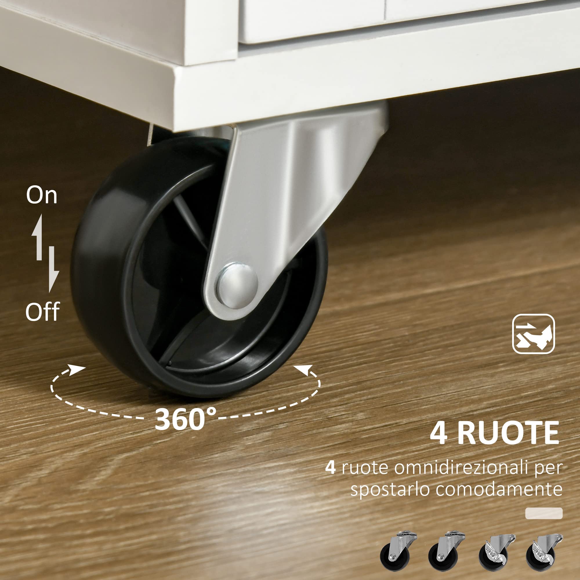HOMCOM Isola Cucina con Piano di Lavoro in Legno di Caucciù, Carrello Cucina con Ruote, 2 Cassetti, Armadietto, Ripiani Regolabili e Porta Asciughini, in Legno MDF, 104x46x91cm, Bianco