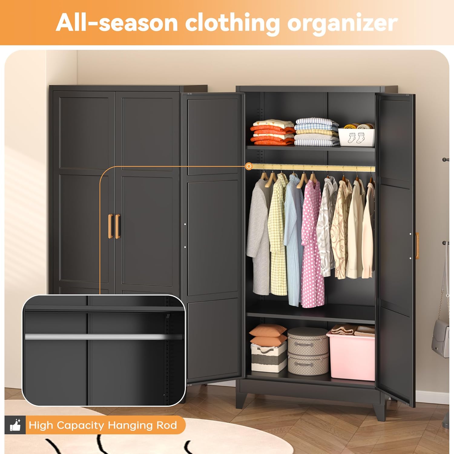 INTERGREAT Metal Armoire Wardrobe Closet, Storage Cabinet with Hanging Rod, 71" H Wardrobe Closet with Doors, Metal Storage Cabinets for Bedroom/Office/Garage (Black)