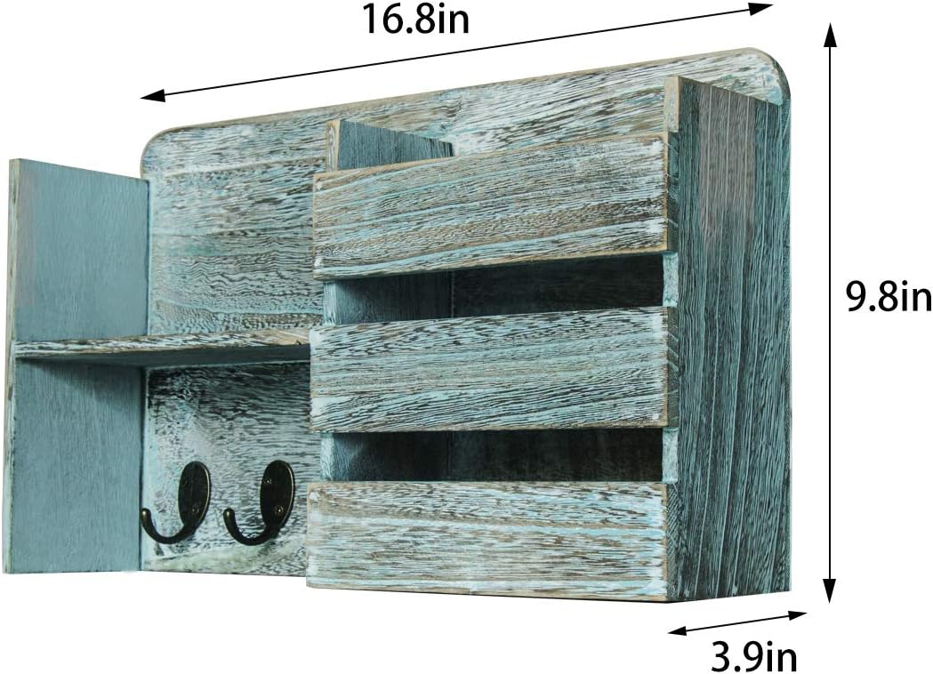 Honest Torched Wood Rustic Wall Mounted Key & Mail Holder,Organizer with 3 Key Hooks Shelf for Entryway or Mud Room Holds Documents, Bills, Letters, Keys(Rustic Blue)
