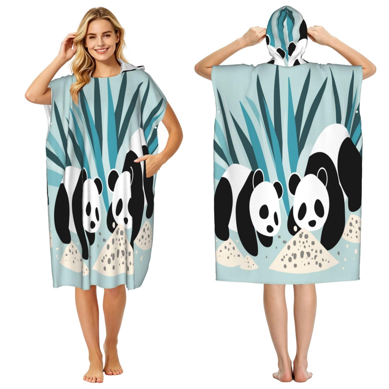DTHKJNLSF Two Cartoon Pandas Adult Hooded Beach Poncho Towel