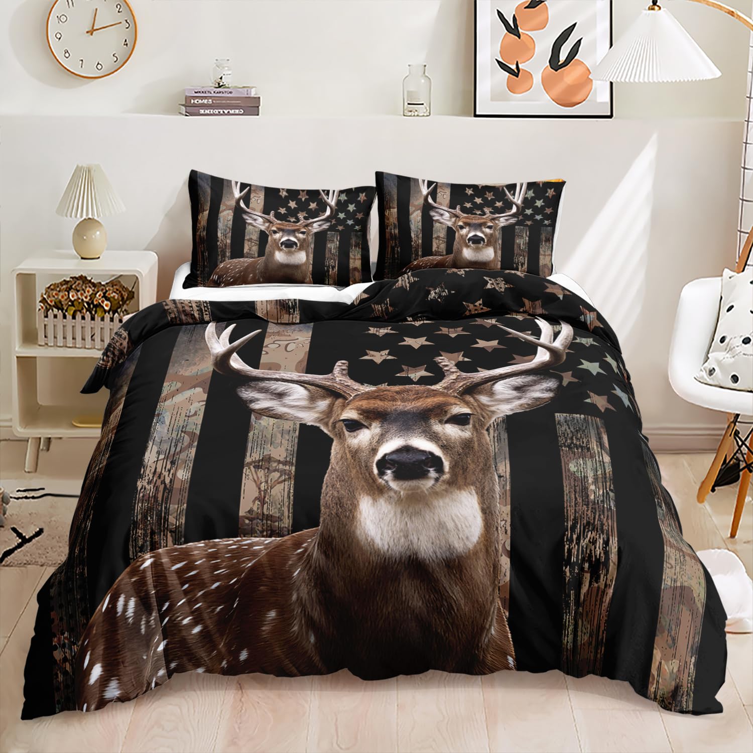 Parure de lit avec housse de couette cerf imprimé drapeau américain, 2 taies incluses