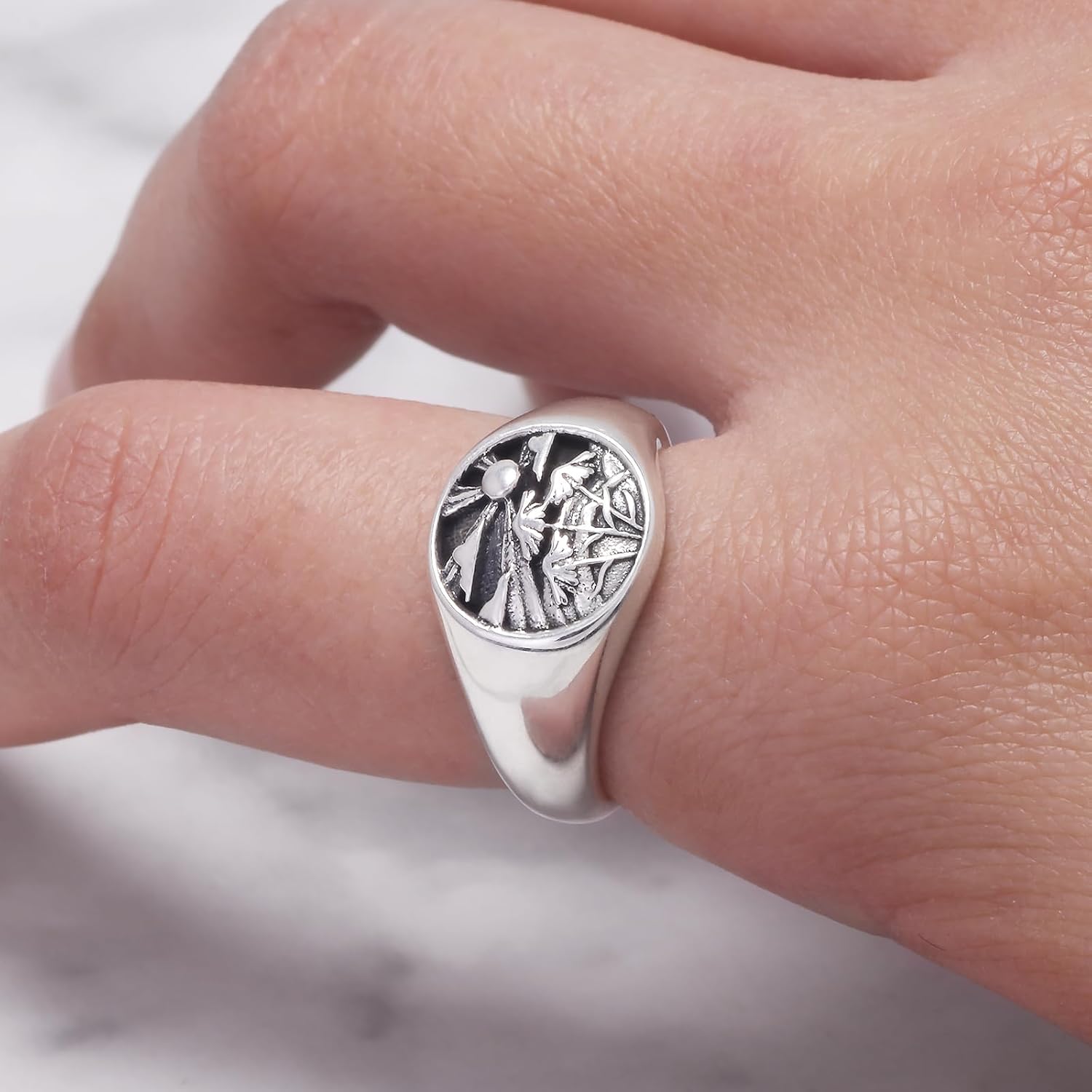 925 Sterling Silver Chunky Signet Rings for Men Women Coin Ring Mens Pinky Ring Engraved Sun Tree Jewelry Size 6-13