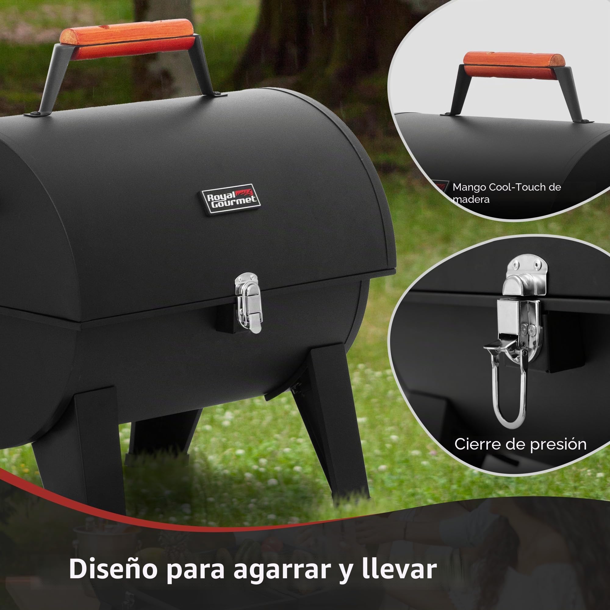 Royal Gourmet Barbacoa portátil de carbón vegetal, barbacoa de camping para jardín, pícnic, barbacoa de mesa de carbón, barbacoa plegable con cierre a presión y mango de madera, color negro