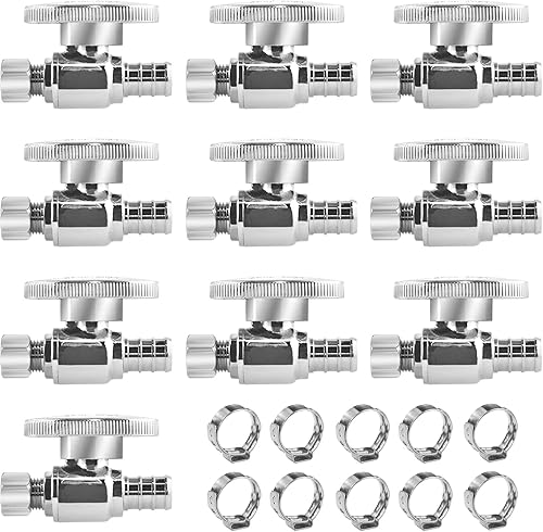 Válvula de Apagado WiseWater 12" PEX x 38" de Compresión, 14 Vuelta con 10 Abrazaderas de Acero Inoxidable, Latón Chapado en Cromo PEX de Cierre