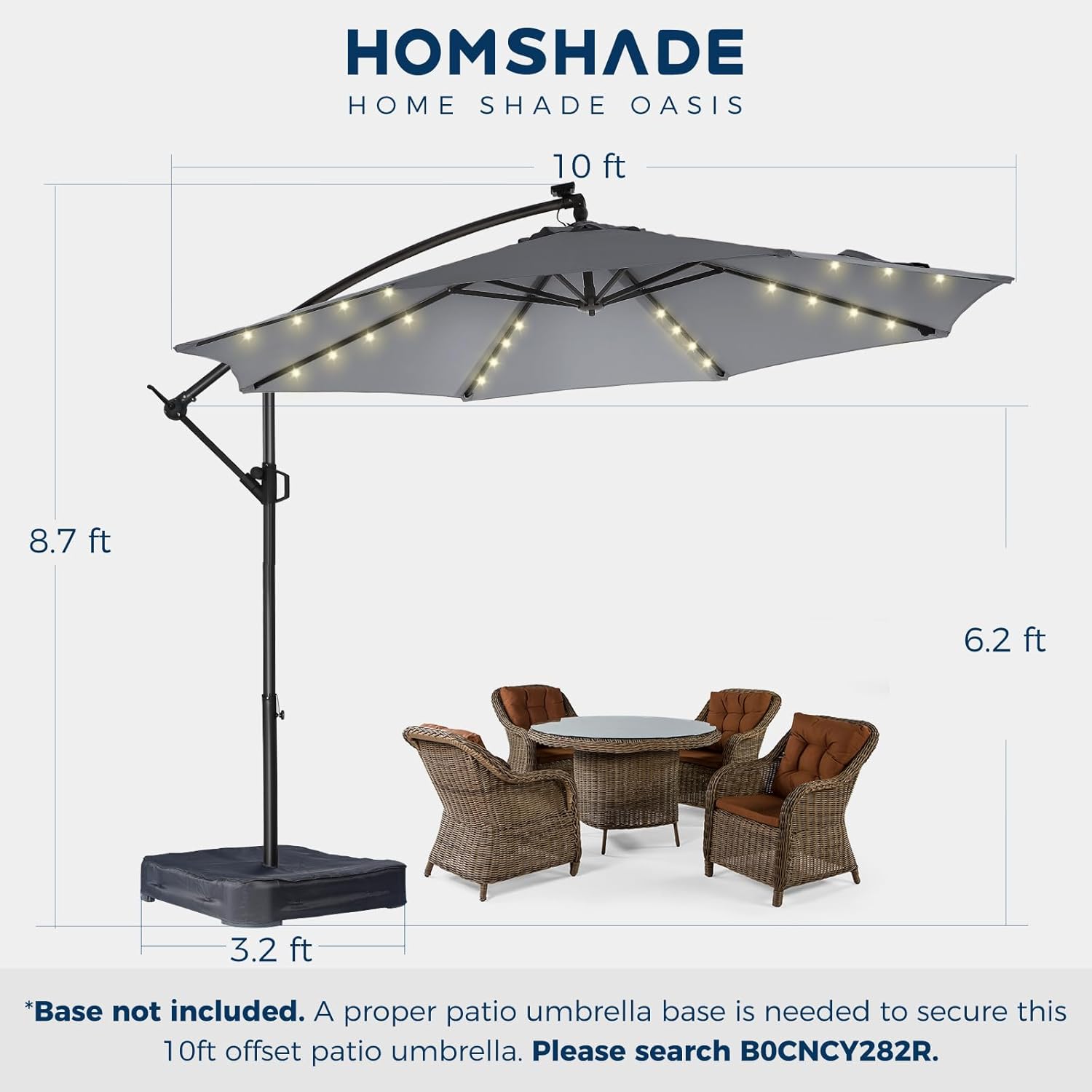 HOMSHADE 10ft Solar Lights Offset Cantilever Patio Umbrella - with Light, LED Lighted Offset Hanging Patio Outdoor Market Umbrella UPF50+ UV Protection with Easy Tilt and Crank (Grey)