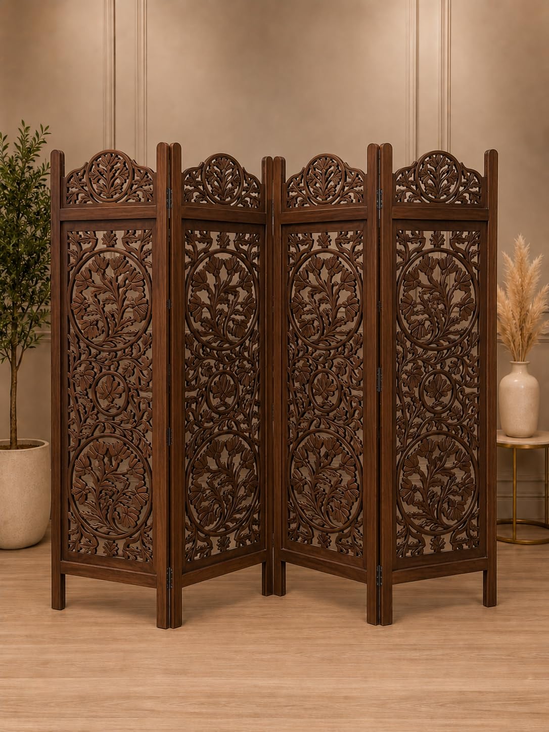 Home & Goods International Wooden Room Divider Partition – 5-FT Folding Privacy Screen Decorative Freestanding Panel for Home, Office & Studio ~ Lotus Design (Brown, 4 Panel)-image-35