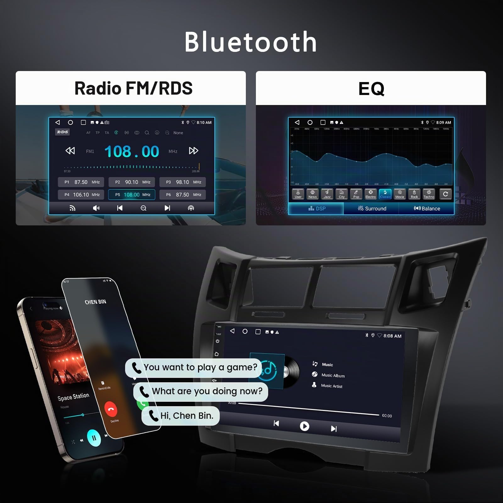 Hodozzy 2GB 64GB Android Autoradio per Toyota Yaris/Vizi 2005-2011 Radio con Wireless Carplay Android Auto, 9 Pollici Touch Screen Auto Stereo GPS Navigatore, Bluetooth, WiFi, FM RDS Radio, BT/DSP