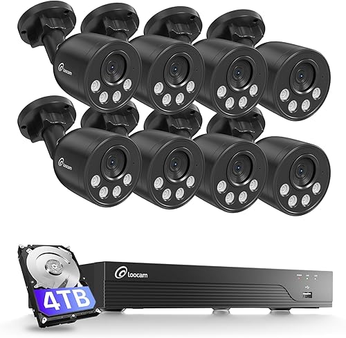 Loocam Sistema de cámara de seguridad PoE de 16CH 8MP, 4TB HDD 4K 8pcs cámaras IP PoE con IA humano/detección de vehículos, NVR H.265+ de 16 canales