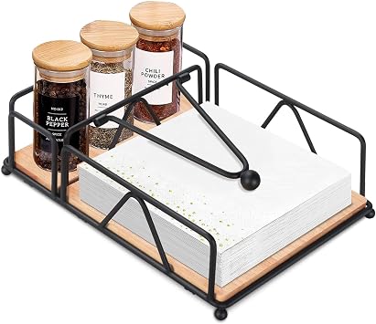 Napkin Holders for Paper Napkins, Flat Napkin Holder with Wooden Base, Black Stainless Steel Napkin Basket for Kitchen Party Square Flat Tissue Holder, Black Napkin Holders for Kitchen Table Decor