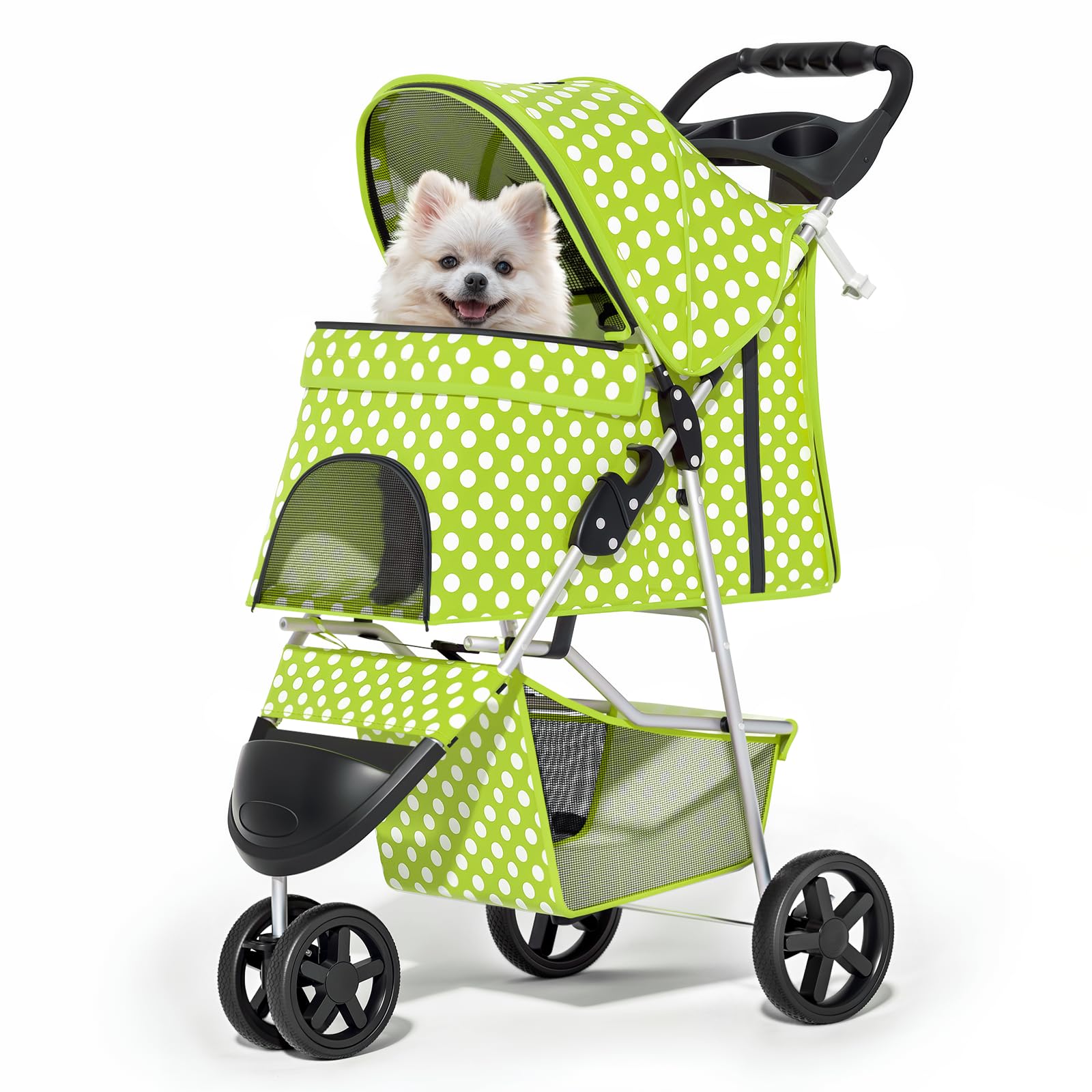 Photo 1 of 3 Wheels Pet Dog Cat Stroller for Small Medium Dogs Cats, Foldable Jogger Stroller w/Storage Basket and Cup Holder, Lawn Green Polka Dots
