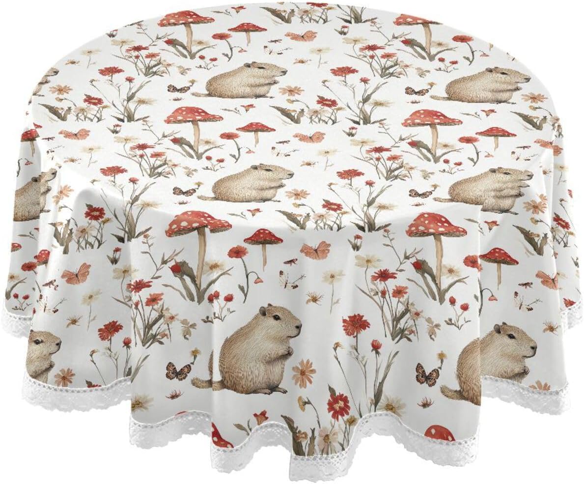 KLL Sweet Squirrel Animal White Fabric Table Cover Wrinkle Free Plastic Tablecloth 60'' for Birthday Easter Dining Room
