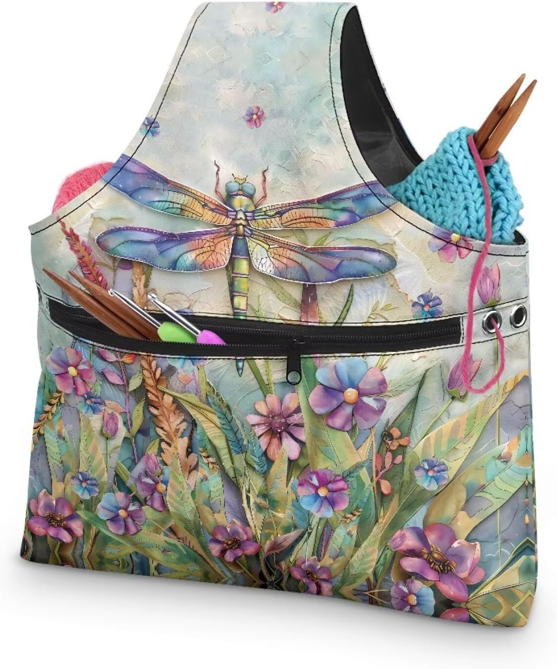 LVEWYB Dragonfly Knitting Needles Bag,Yarn Storage Holder for Crocheting Knitter with Handle,Flower Crochet Totes Organizer for Crochet Hooks and Yarn
