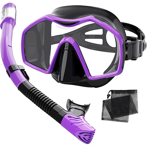 Snorkeling Gear for Adults,Dry-Top Snorkel Mask Set with Tempered Glass,Anti-Fog & Anti-Leak Panoramic Swim Mask,Adjustable Snorkel Kit with Carry Bag for Scuba Diving,Swimming,Travel