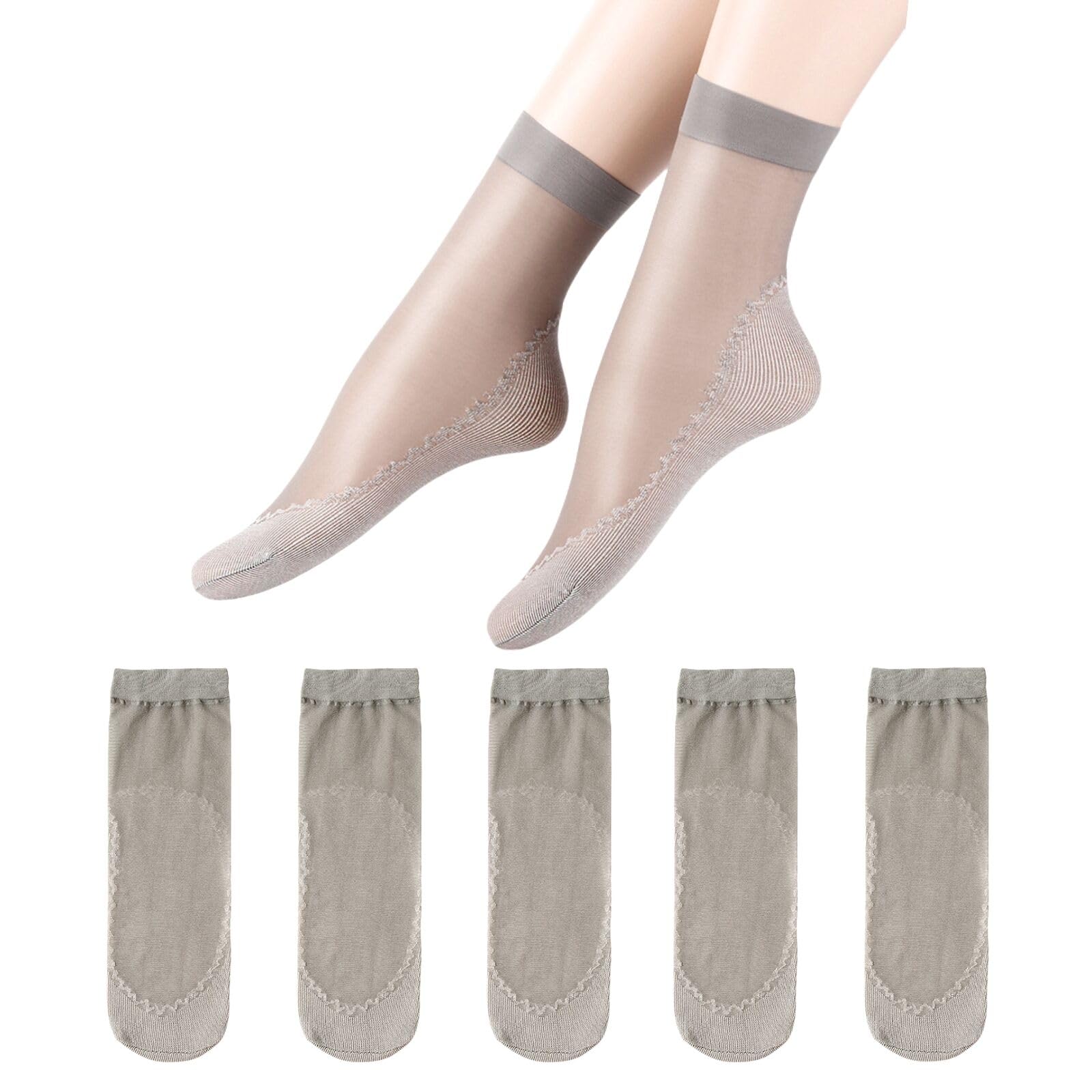 TouKingda Sheer Pop Socks for Women 5 Pairs Silky Anti-Slip Cotton Sole Ankle Socks Casual Nylon Transparent Skin-feeling Fashion Sheer Sock(Grey)