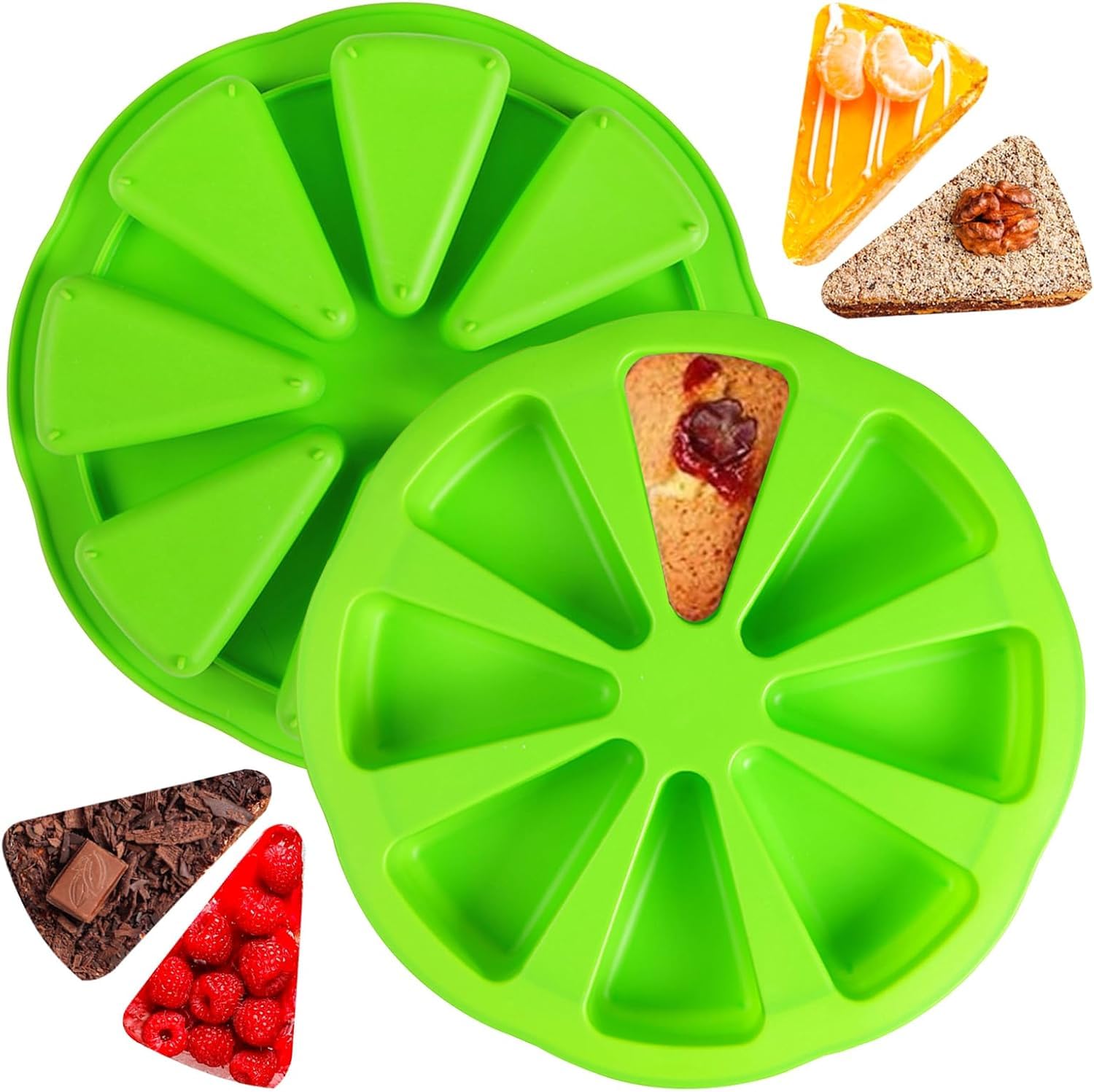 Silicone Quiche Slice Moulds,Triangle 8 Cavities Silicone Quiche Moulds for Baking,Non Stick Pizza Slice Cake Mould Cake Pan,Heat Resistant Baking Tool for Brownies Muffins Scone Pizza (Green,2PCS)