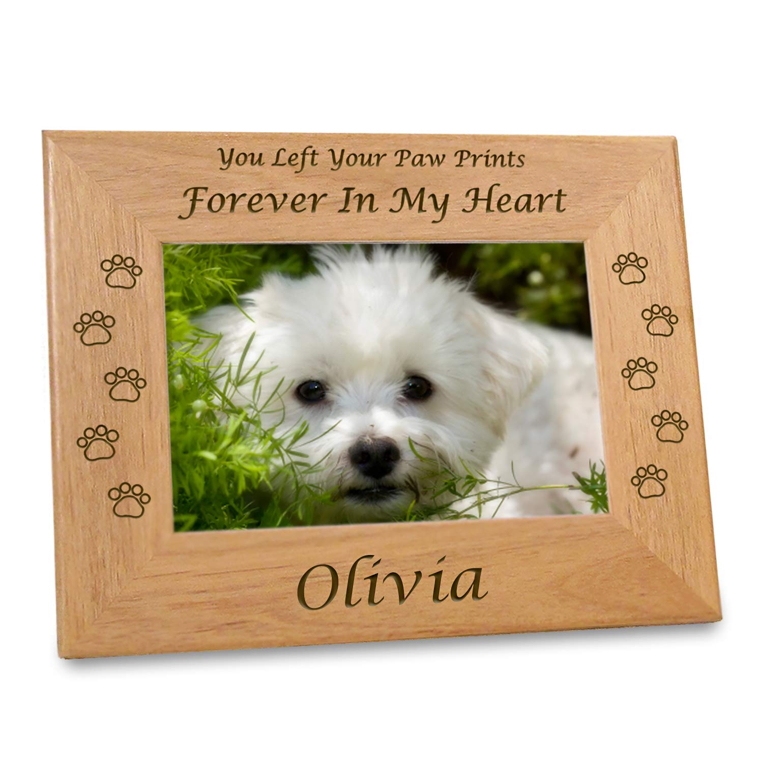 Etched In My Heart Pet Memory Frame Personalized Dog Memorial Gifts (4x6 Photo) w/ “Paw Prints” Custom Message on Rustic Alder Wood for Loving Memorabilia Picture of Deceased & RIP (6x8 Size)