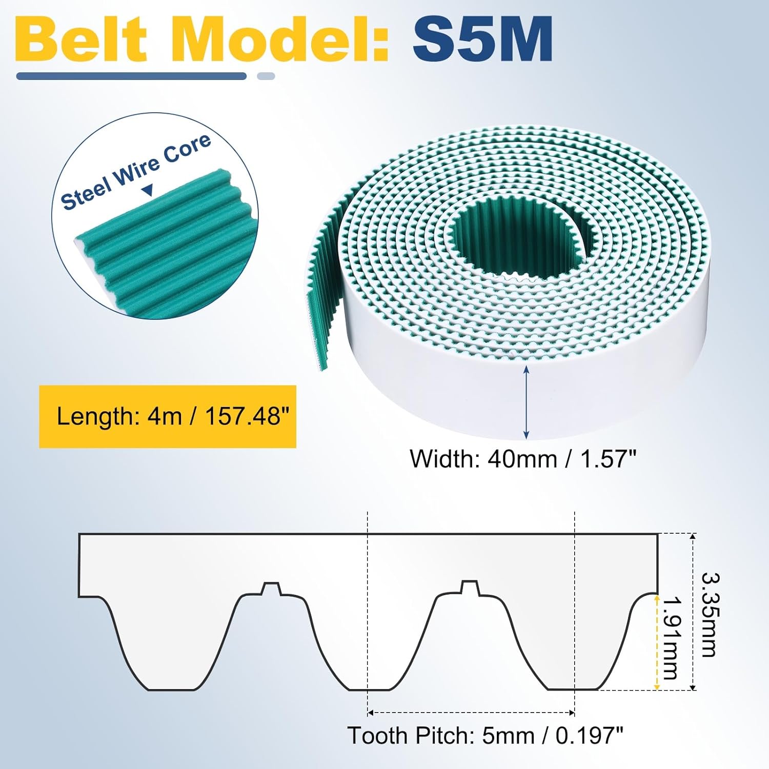 uxcell S5M Open Ended Timing Belt, 40mm Width x 4 Meter Length, 5mm Pitch Length, Steel Wires Inside Synchronous Belt and Wrapped with Green Cloth Below for Absorbing The Vibration, White