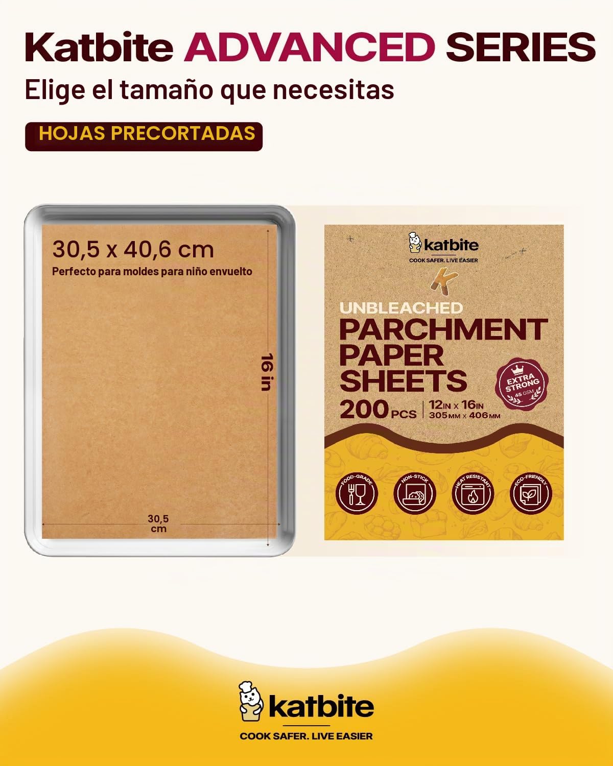 katbite Braun - Papel de horno (200 hojas, 30,5 x 40,6 cm, para hornear galletas, cocinar, hornear, asar