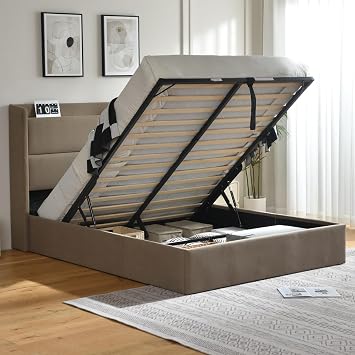 PINJU Queen Size Upholstered Bed, Hydraulic Lift Storage, Square Shaped Headboard with Wingback, Wooden Slats, No Noise, Easy to Assemble Brown, Full
