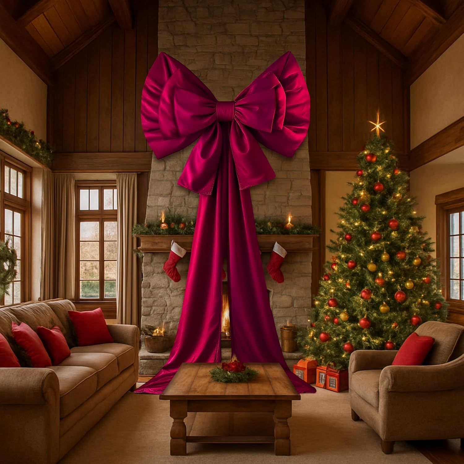 55 x 118 Inch Giant Christmas Bow Outdoor Oversized Red Burgundy Silk Bow for Extra Large Christmas Tree Wreath Outside Wall Store Building Garage Front Door Indoor Home Room Backdrop Decor