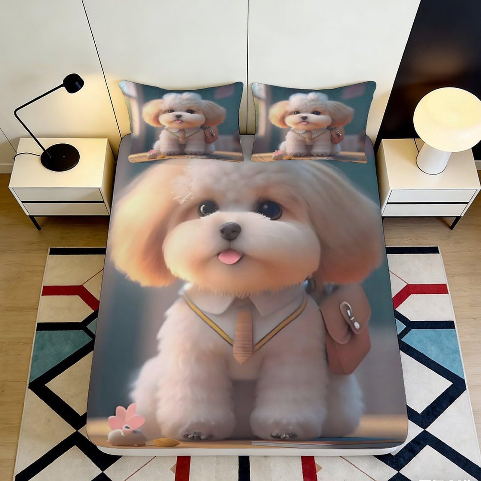 Qjzxknhpgr Style-4 3D Printed Cute Dog Fitted Sheet Microfiber Soft Breathable Cartoon Puppy Mattress Cover For Bedroom Guest Room Decor 90X200x25cm