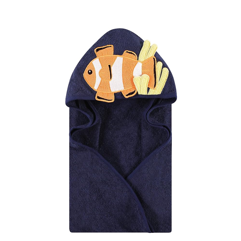 Hudson Baby Unisex Baby Cotton Animal Face Hooded Towel, Clownfish, One Size