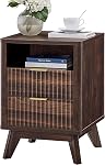 Fluted Nightstand - 18" Modern Bedside Table w/ 2 Drawers, Wood Bed Side End Table with Open Shelf, Night Stand with Storage Drawer, Curved Design Night Stands for Bedroom Living Room (Walnut)