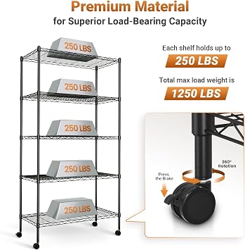 YSSOA Heavy Duty 5-Shelf Storage Shelving Unit, 1250lbs Loading Capacity, 29.92 D x 13.98 W x 62.99 H Adjustable Steel Organizer Wire Rack, Black, 2 Pack