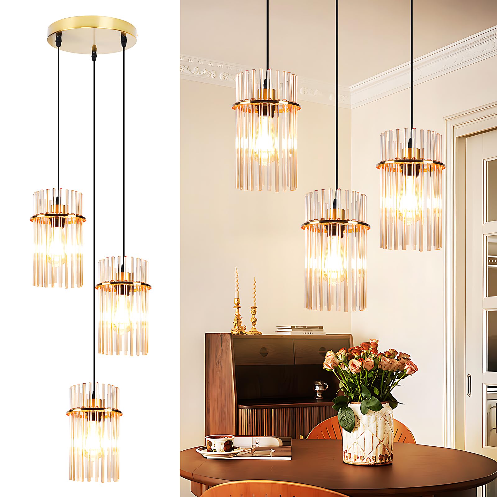 Pendelleuchte 3 Flammig Hängelampe Esstisch - Hängeleuchte Glas Rund E27 Pendellampe Gold für Esszimmer Küche Wohnzimmer Cafe Bar (ohne Leuchtmittel)
