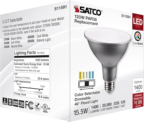 Miniatura 8 de Satco S11591; LED PAR38 de 15.5 vatios; base media; acabado plateado; CCT seleccionable; 120 voltios; ángulo de haz de 40 grados;