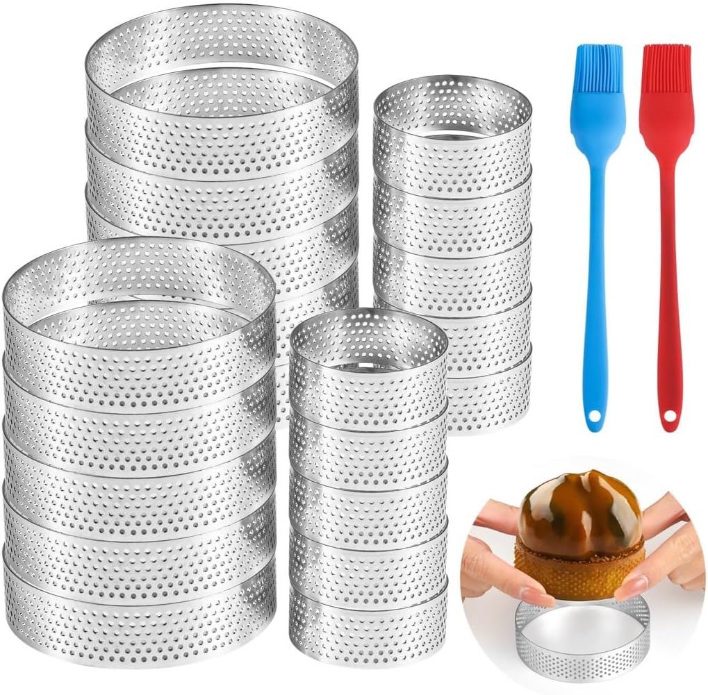 20 Pcs Perforated Tart Cake Molds, Nonstick 1.97 & 3.15 Round Baking Rings with Silicone Brushes for Desserts and Pastries